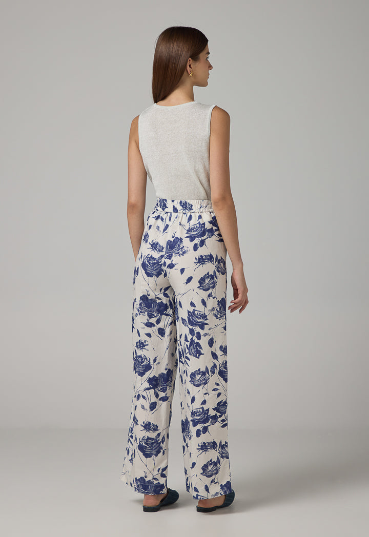 Choice Floral Print Straight Wide Leg Trousers Off White