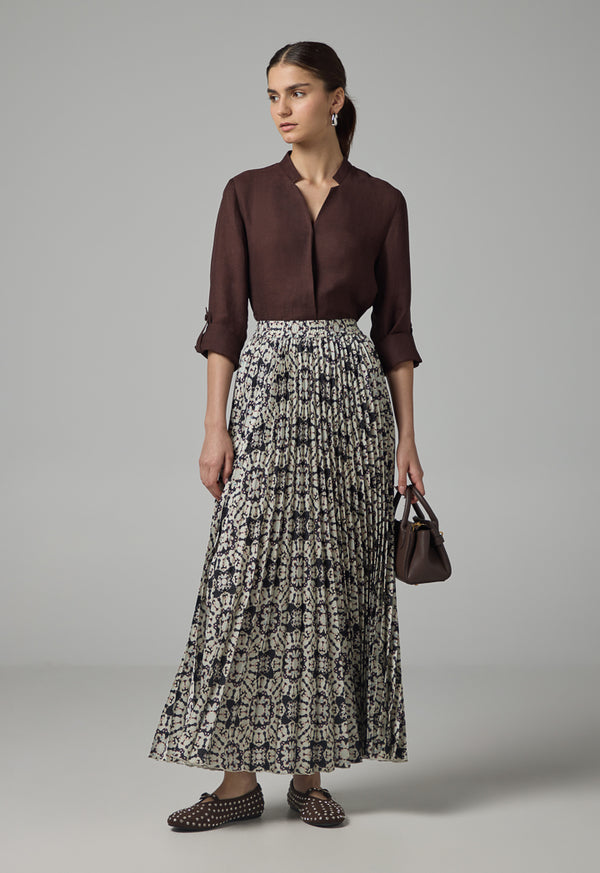 Choice Printed Pleated Elastic Waistband Skirt Brown