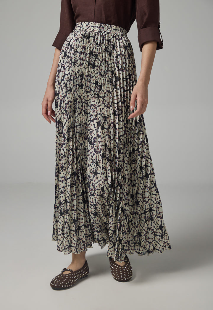 Choice Printed Pleated Elastic Waistband Skirt Brown