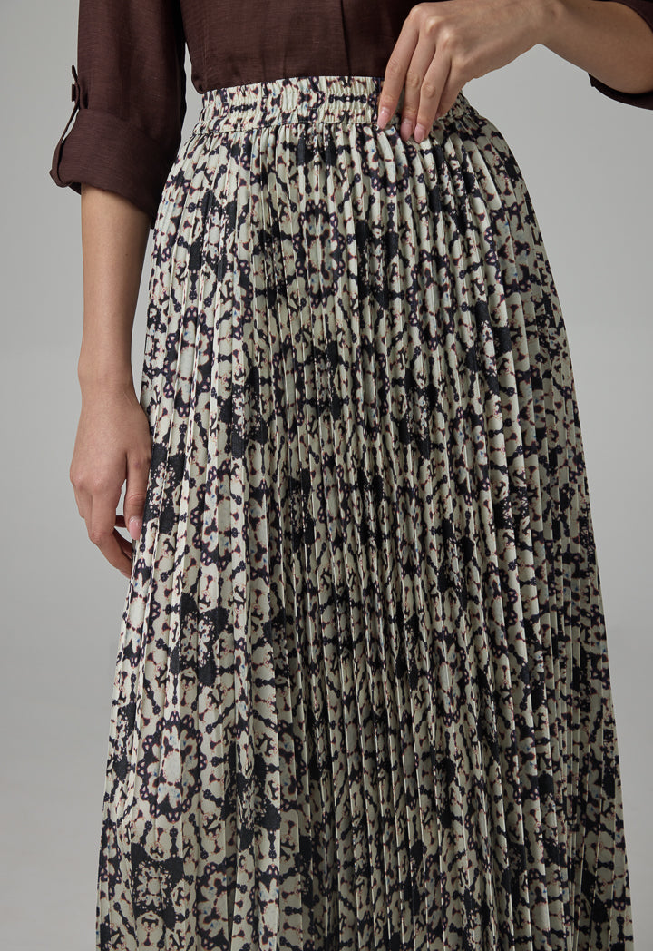 Choice Printed Pleated Elastic Waistband Skirt Brown