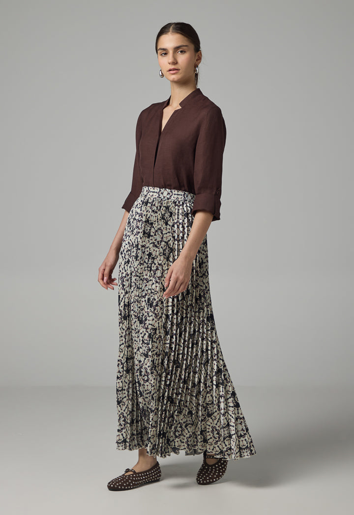 Choice Printed Pleated Elastic Waistband Skirt Brown