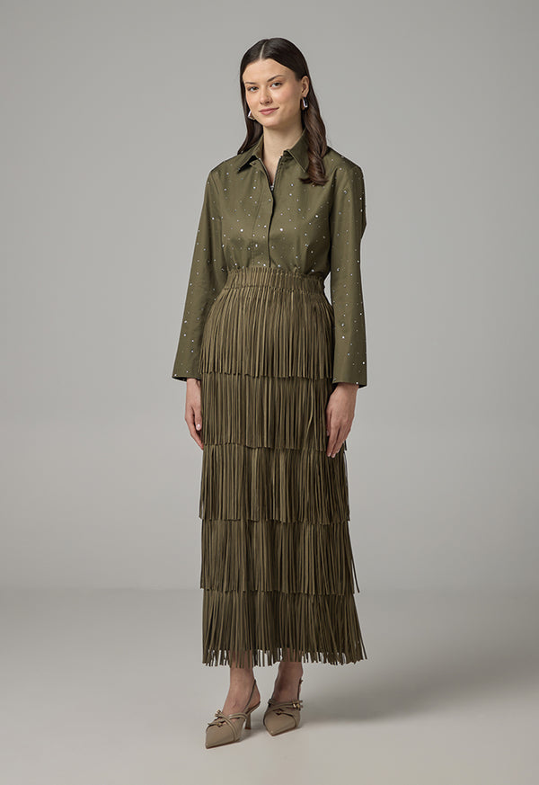 Choice Solid Fringe Maxi Skirt Khaki