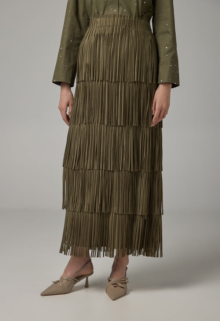 Choice Solid Fringe Maxi Skirt Khaki