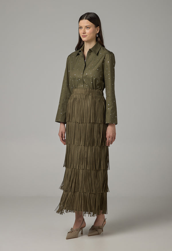 Choice Solid Fringe Maxi Skirt Khaki