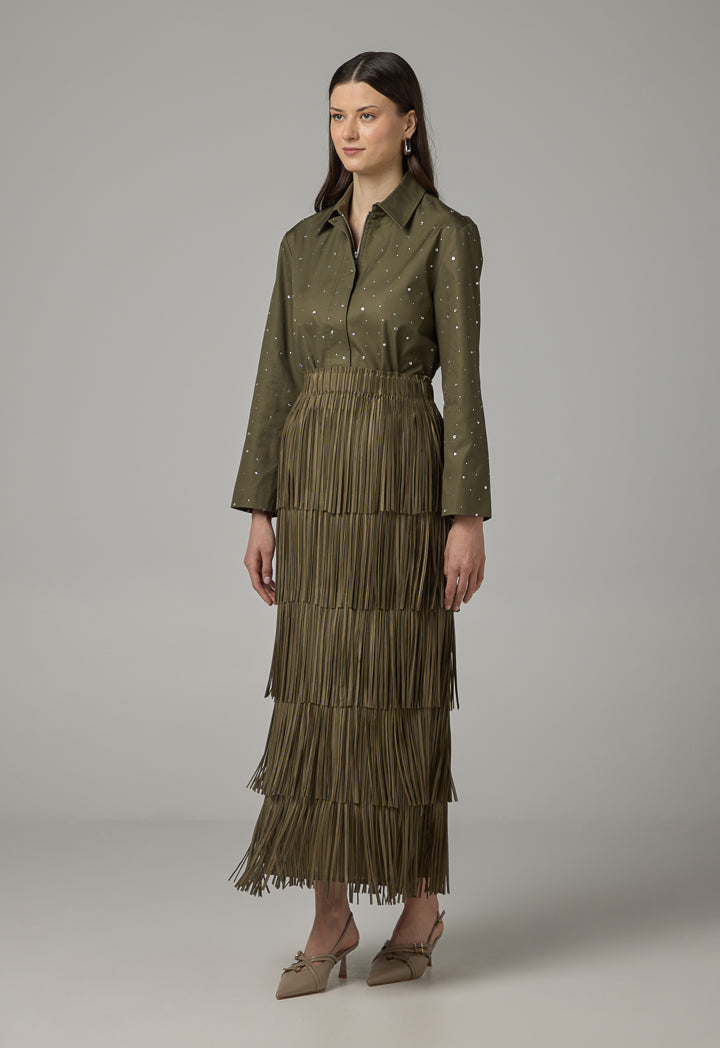 Choice Solid Fringe Maxi Skirt Khaki