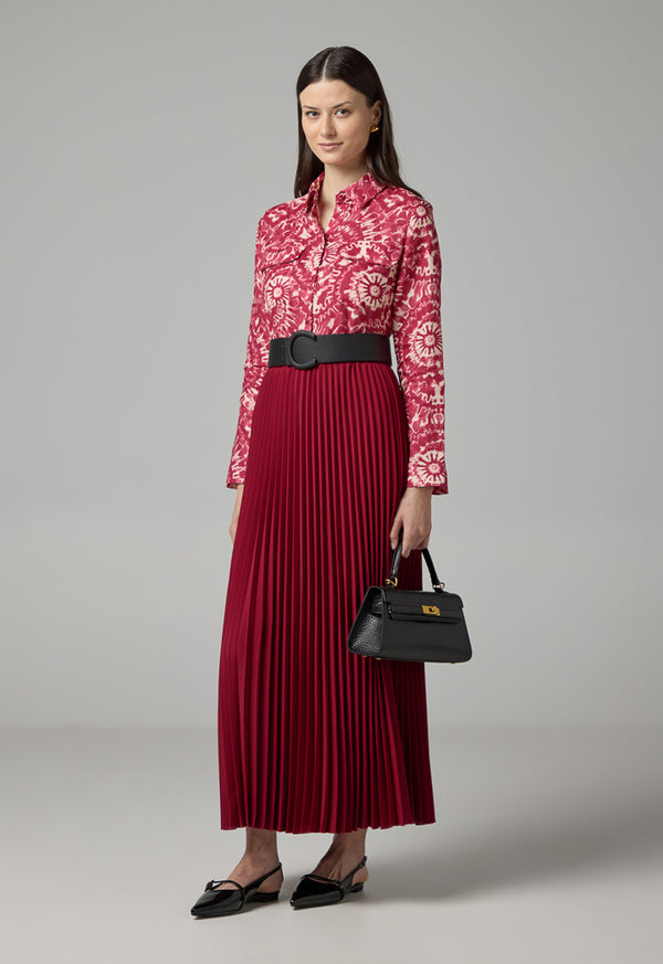 Choice Solid Pleated Maxi Skirt Burgundy