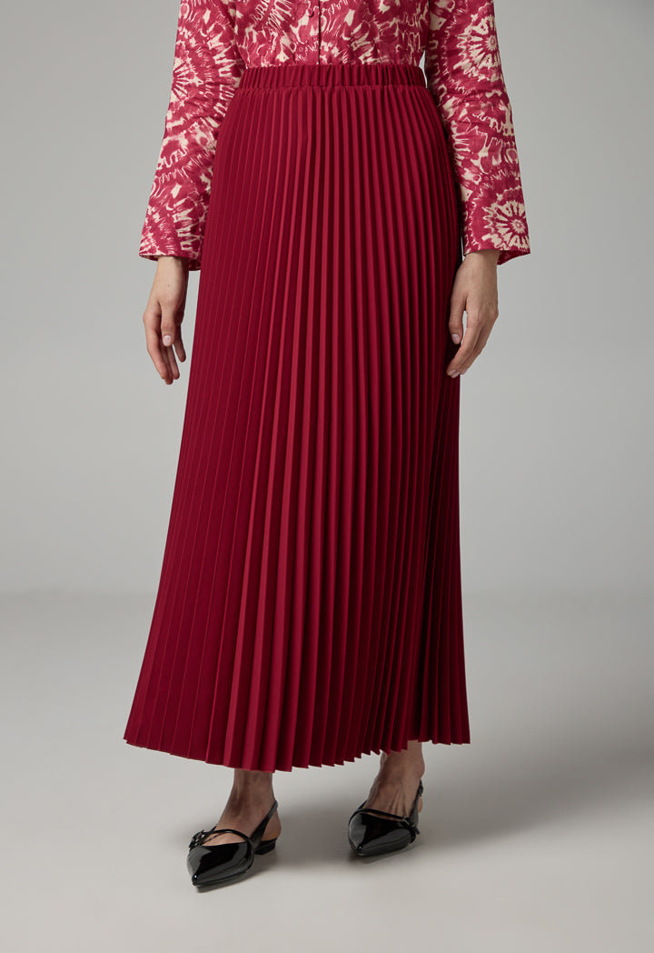 Choice Solid Pleated Maxi Skirt Burgundy