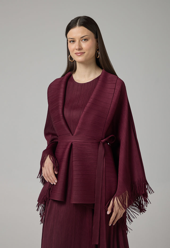 Choice Solid Fringe Hem Cape Burgundy