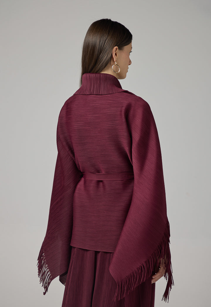 Choice Solid Fringe Hem Cape Burgundy