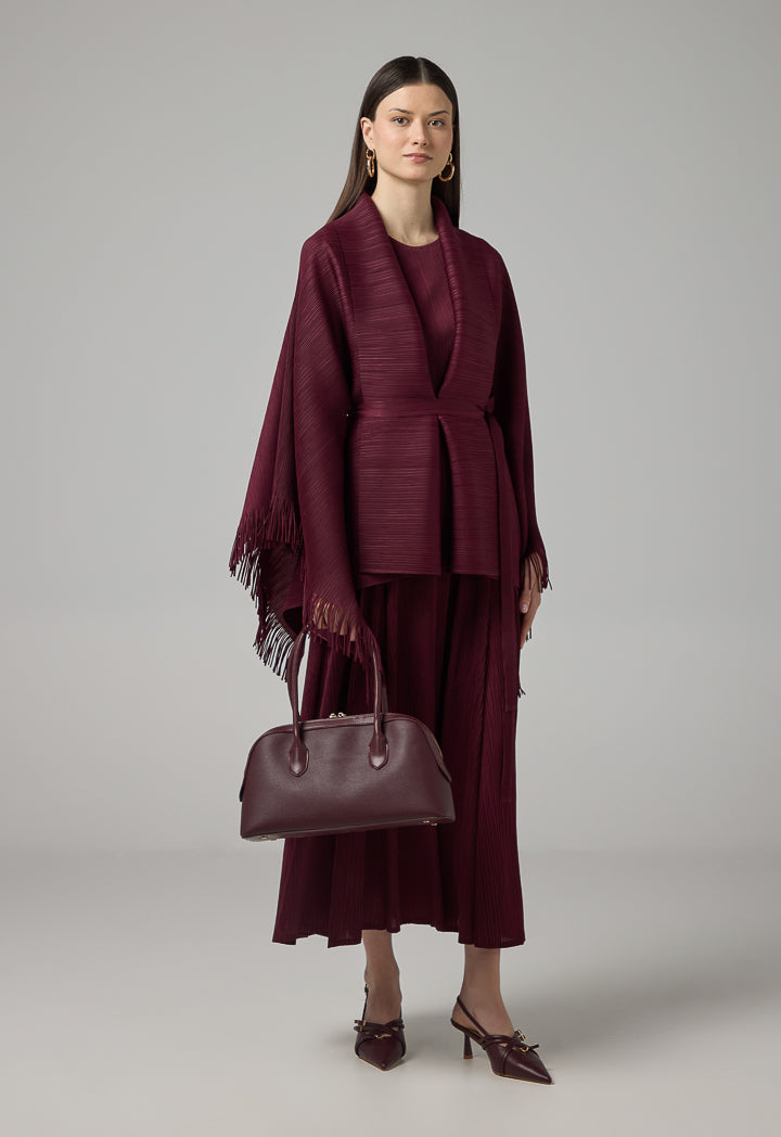 Choice Solid Fringe Hem Cape Burgundy