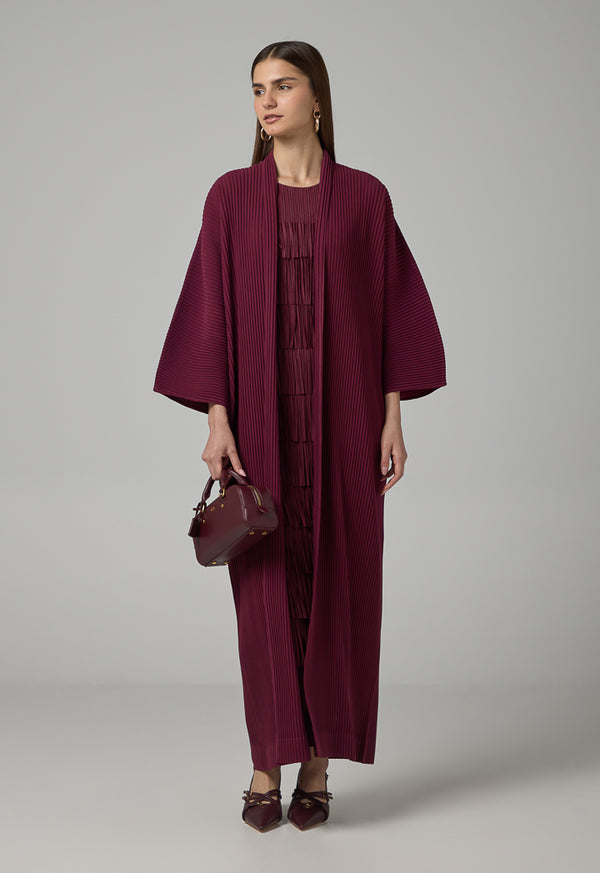 Choice Solid Pleated Belted Maxi Abaya Burgundy