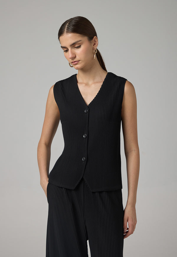 Choice Single Breasted Pleated V-Neck Gilet Black