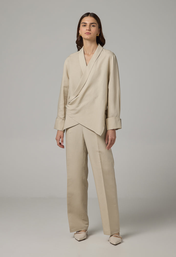 Choice Basic Long Sleeve High-Low Blouse Beige