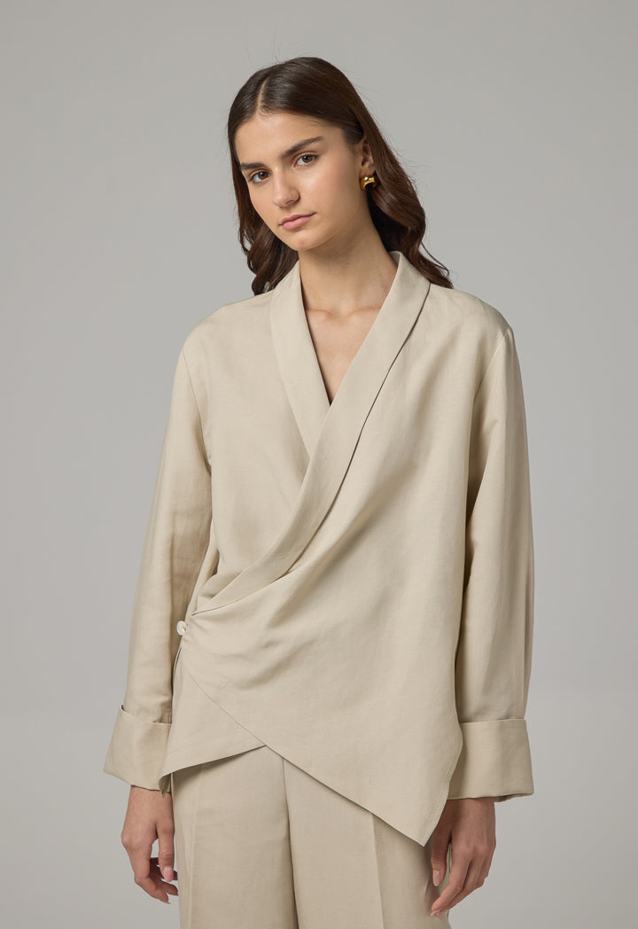 Choice Basic Long Sleeve High-Low Blouse Beige