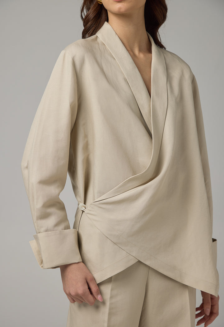 Choice Basic Long Sleeve High-Low Blouse Beige