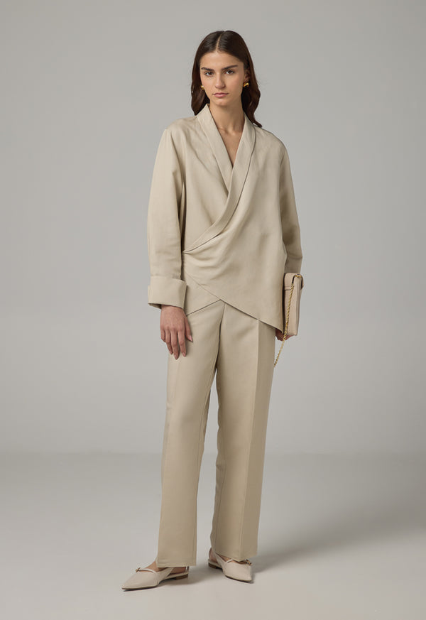 Choice Basic Long Sleeve High-Low Blouse Beige