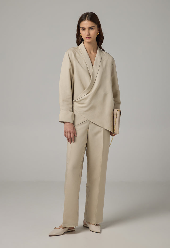 Choice Basic Long Sleeve High-Low Blouse Beige