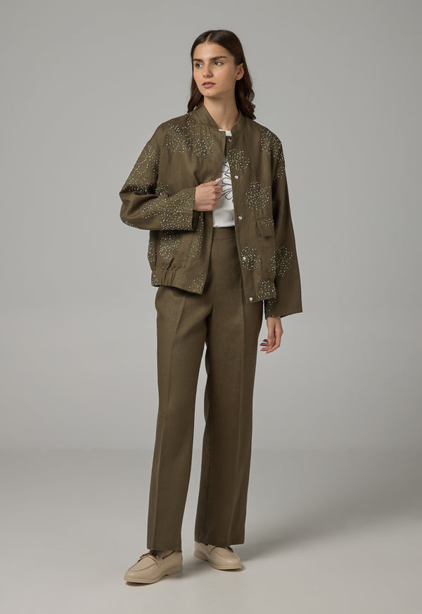 Choice Floral Embroidered Linen Jacket Khaki