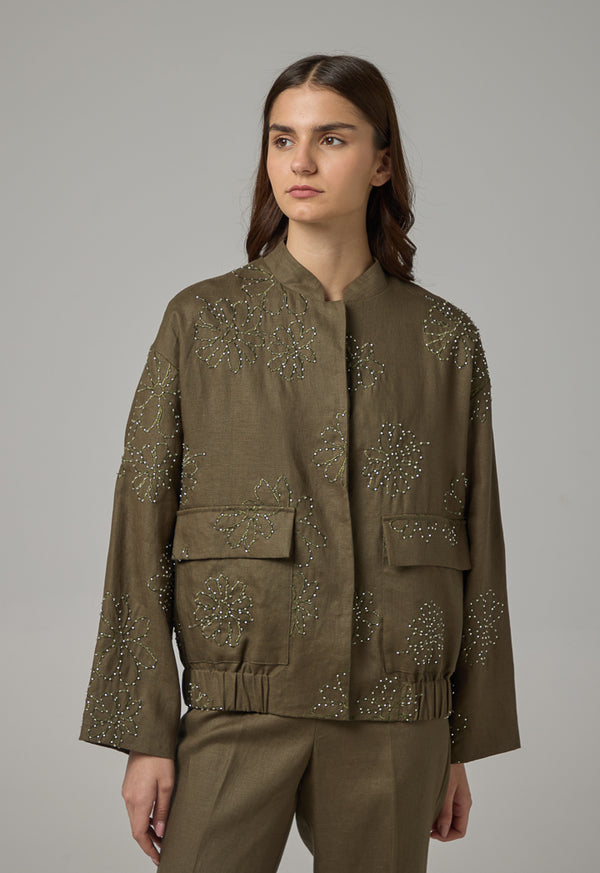 Choice Floral Embroidered Linen Jacket Khaki