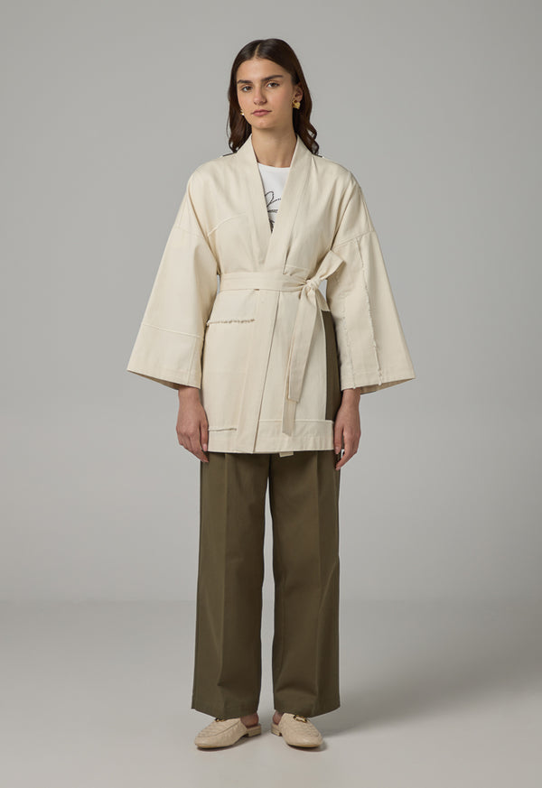 Choice Contrast Belted Denim Kimono Off White