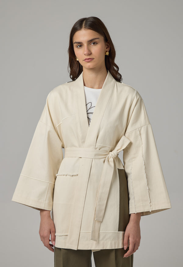 Choice Contrast Belted Denim Kimono Off White