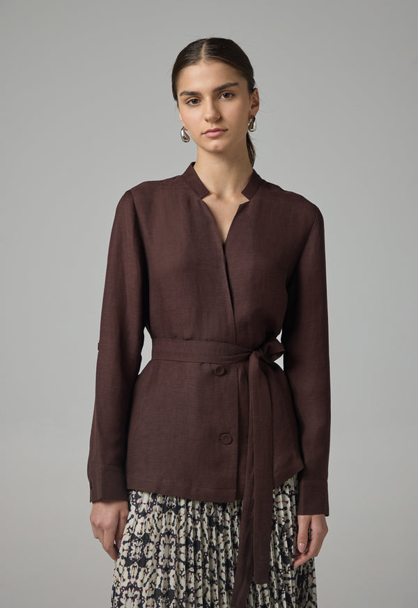 Choice Long Sleeve Basic Belted Kimono Brown