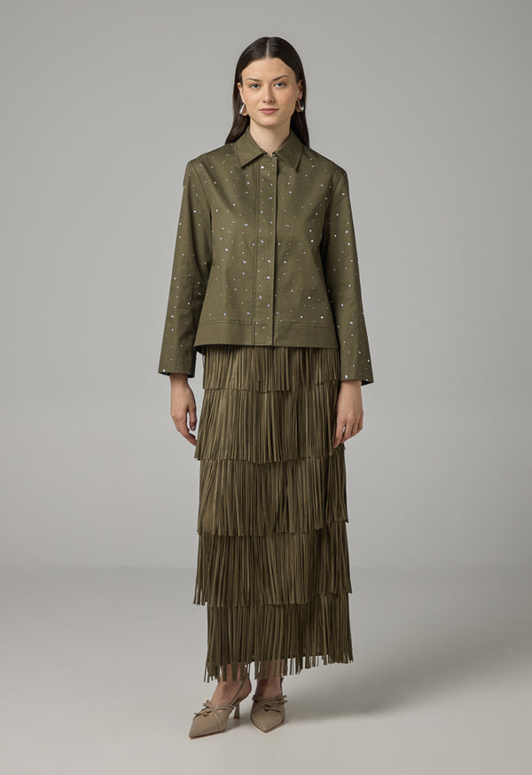 Choice Solid Crystal Embellished Jacket Khaki