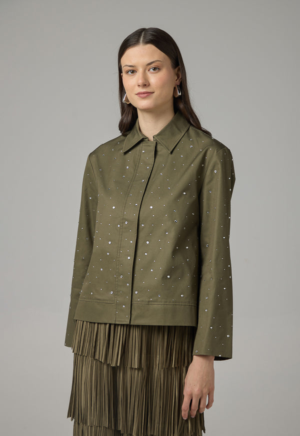Choice Solid Crystal Embellished Jacket Khaki