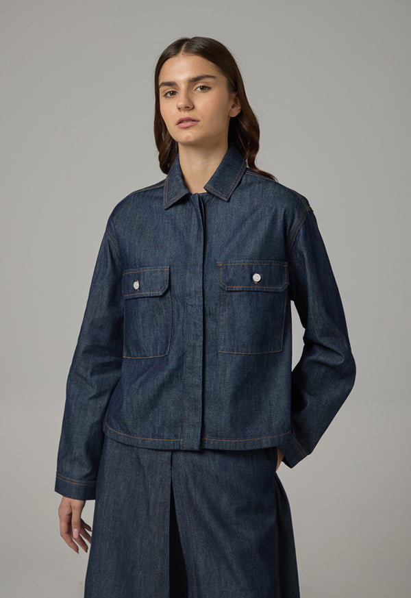 Choice Solid Front Pockets Denim Jacket Indigo