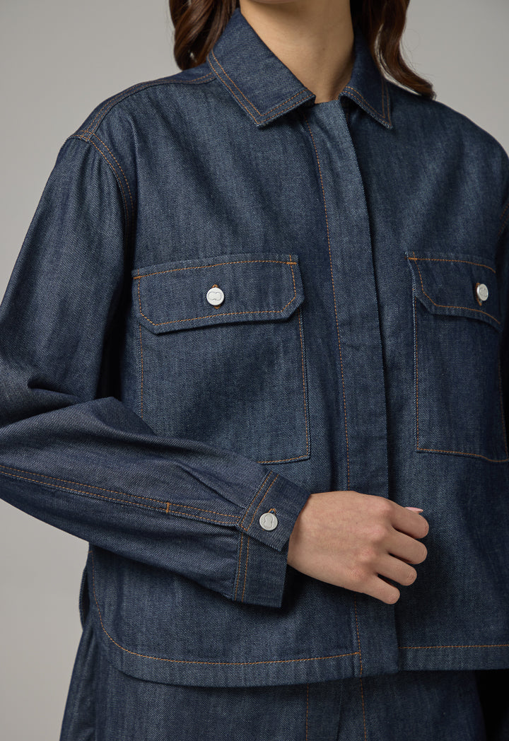 Choice Solid Front Pockets Denim Jacket Indigo