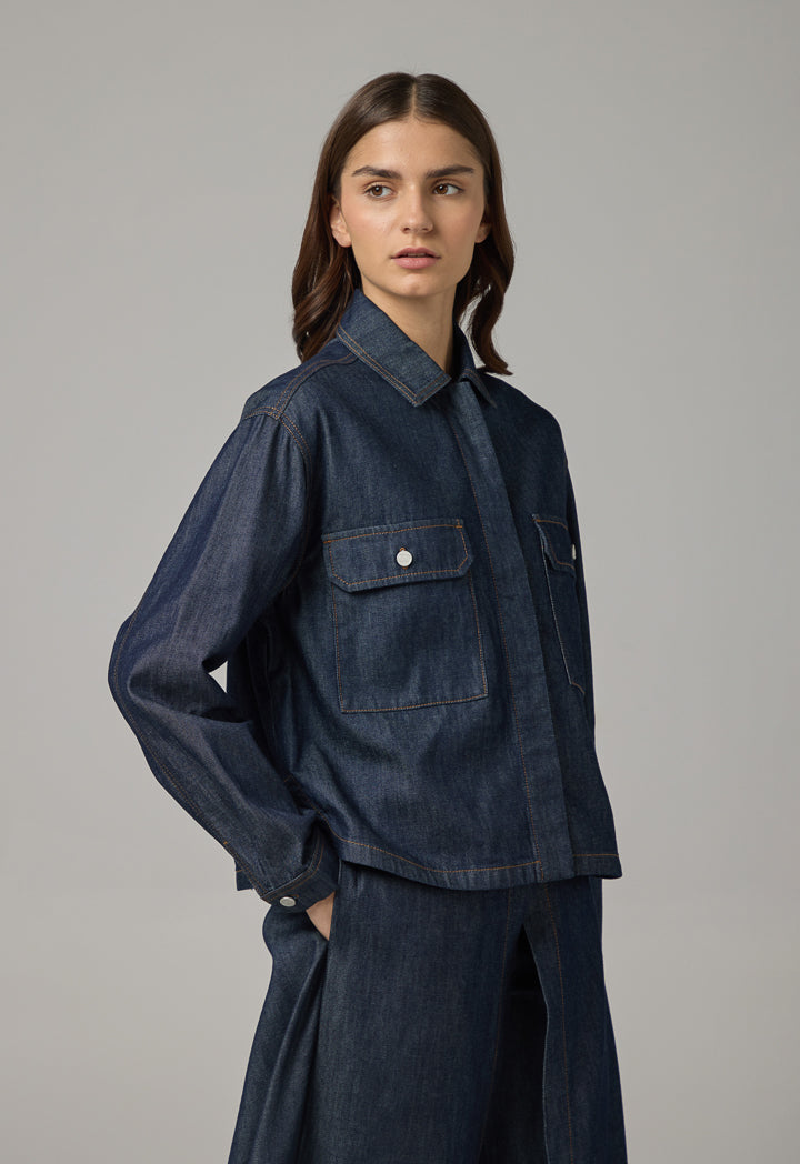 Choice Solid Front Pockets Denim Jacket Indigo