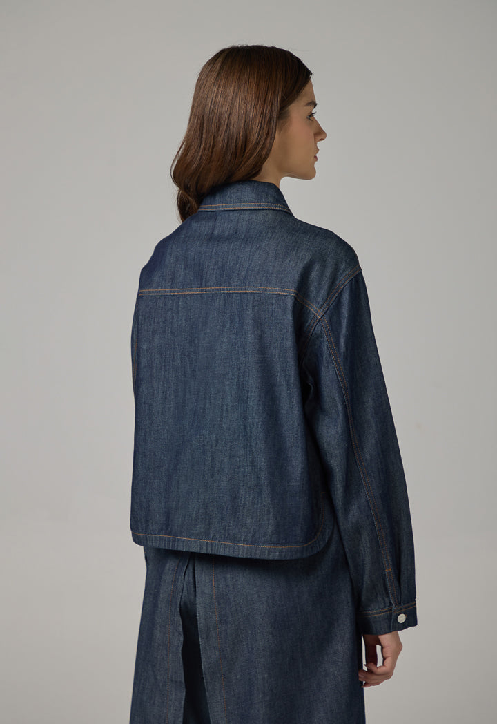 Choice Solid Front Pockets Denim Jacket Indigo