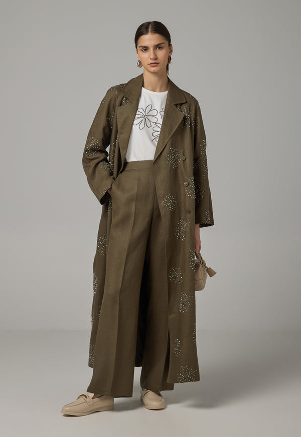 Choice Floral Embroidered Linen Coat Khaki