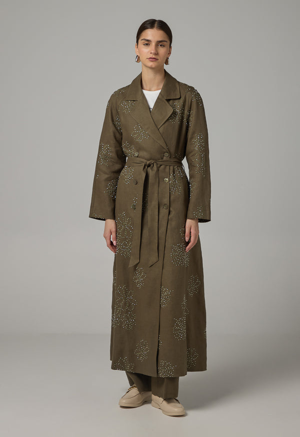 Choice Floral Embroidered Linen Coat Khaki