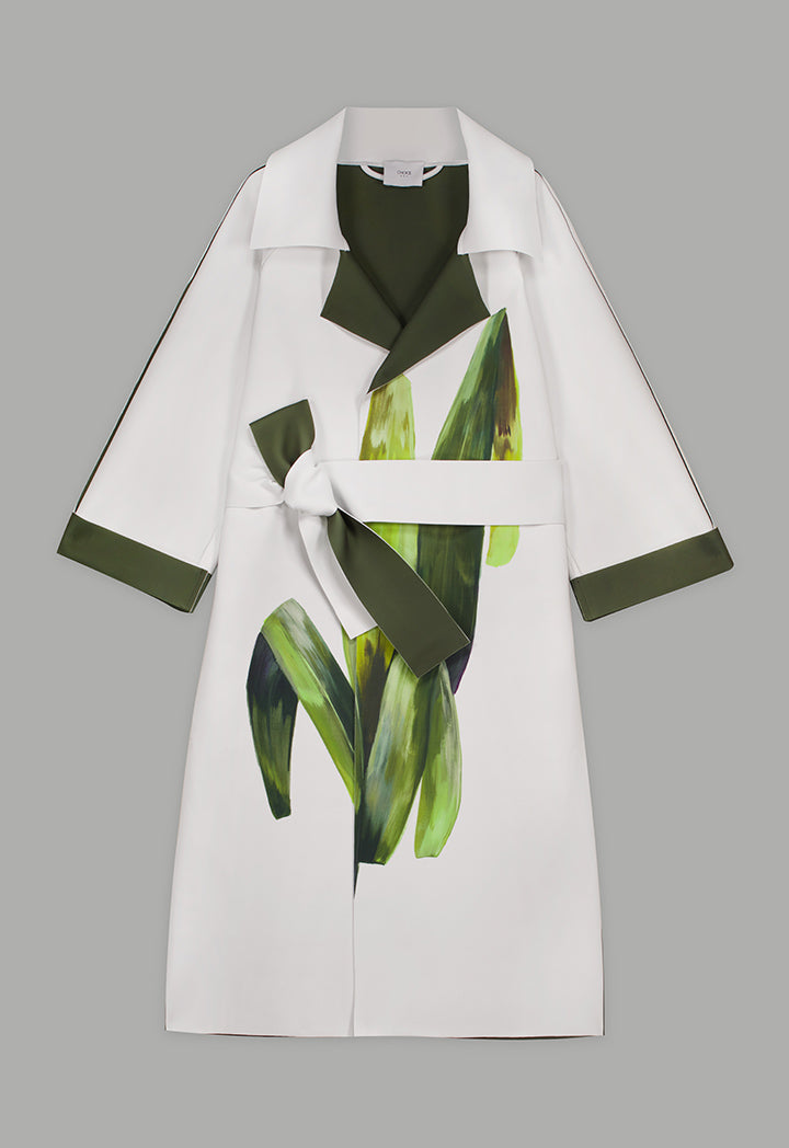 Choice Long Raglan Sleeves Belted Printed Jacket Multi Color