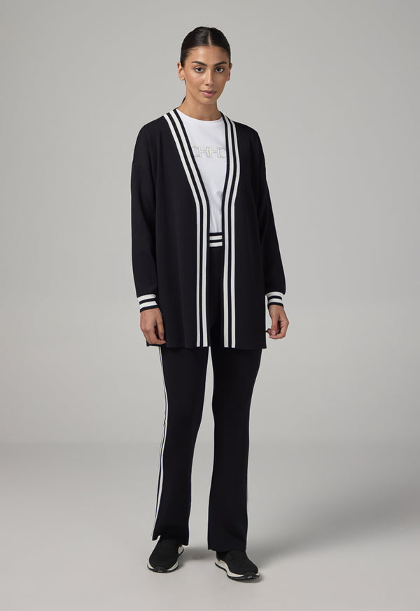 Choice Contrast Knitted Belted Cardigan Black