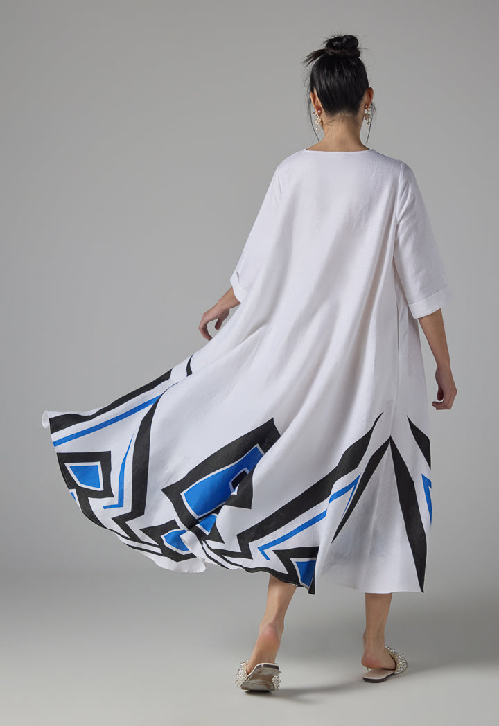 Choice Printed Hem Flared Maxi Belted Dress - Ramadan Style Off White
