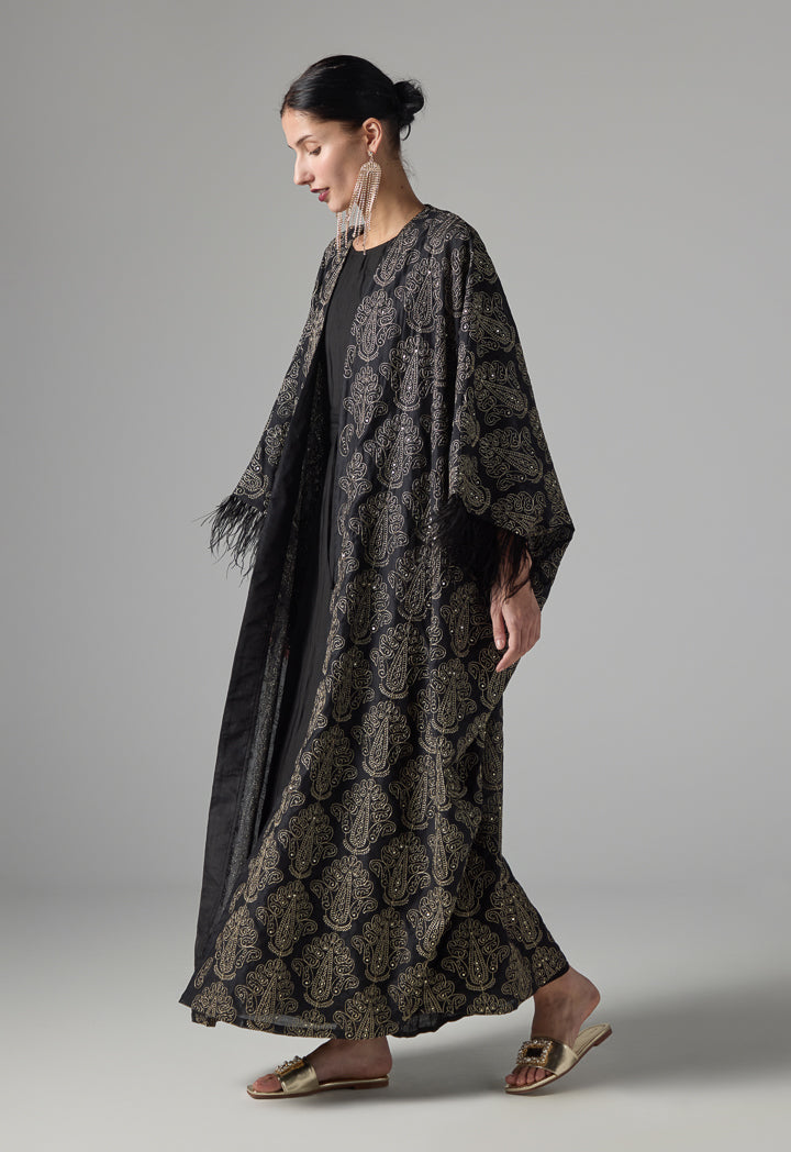 Choice Embroidered Sequins Fringe Maxi Abaya - Ramadan Style Black