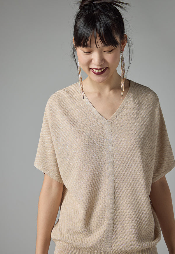 Choice Short Dolman Sleeves Lurex Blouse Beige