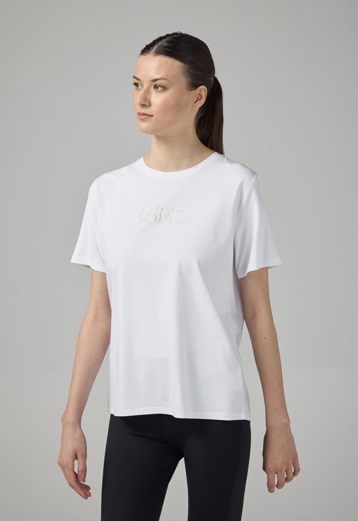 Choice Solid Crystal Embellished Monogram T-Shirt Off White