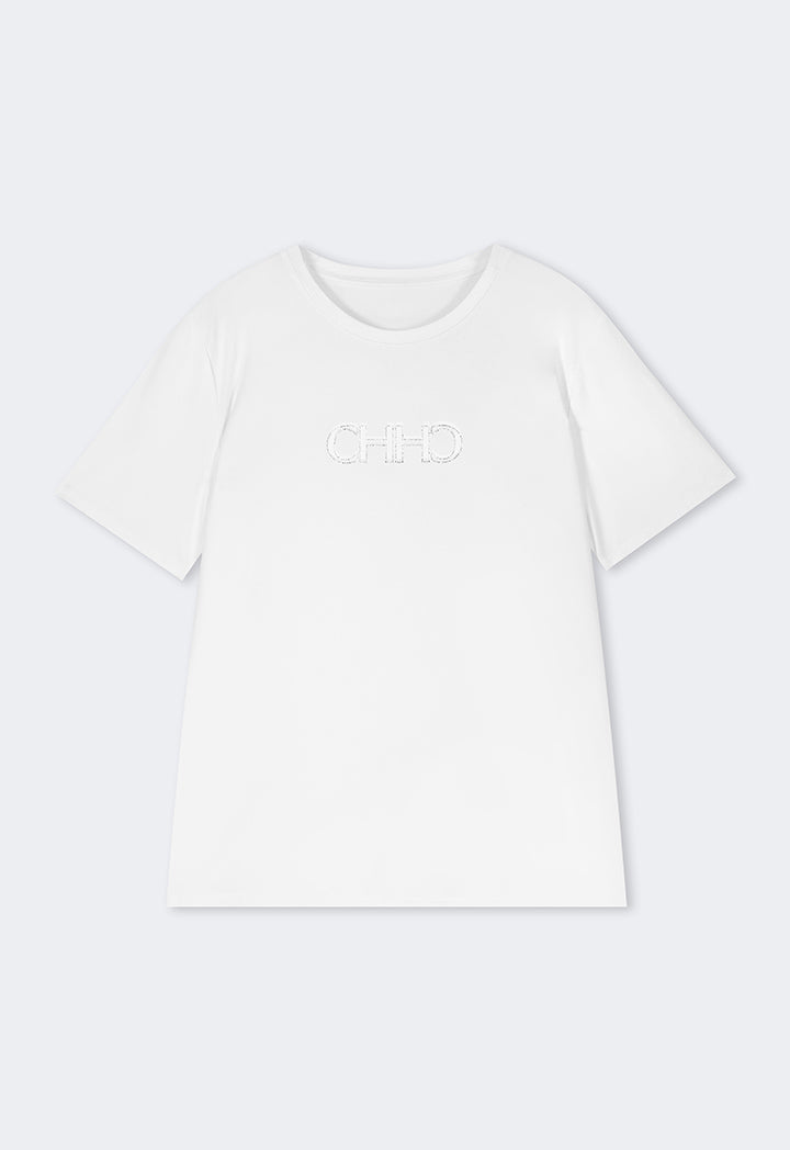 Choice Solid Crystal Embellished Monogram T-Shirt Off White