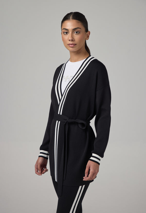 Choice Contrast Knitted Belted Cardigan Black