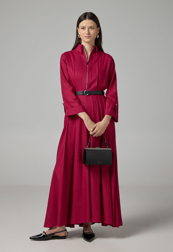 Choice Solid Belted Flared Dress Fuchsia