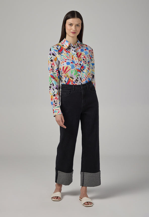 Choice Folded Hem Wide Leg Denim Trousers Black