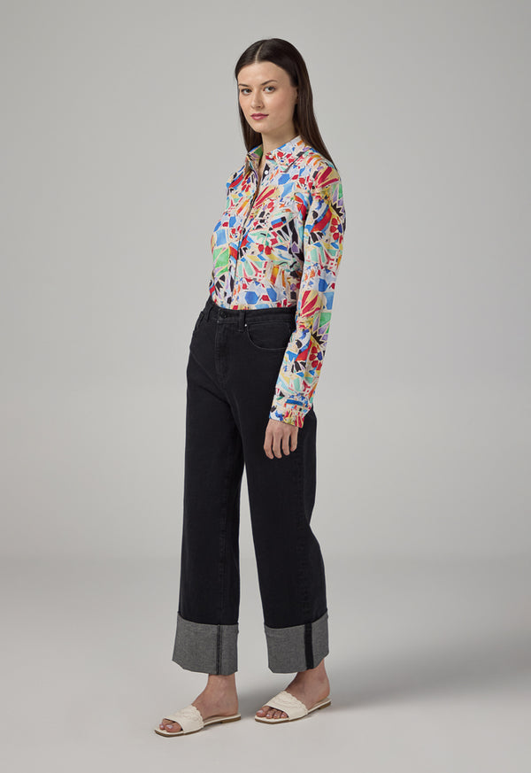 Choice Folded Hem Wide Leg Denim Trousers Black