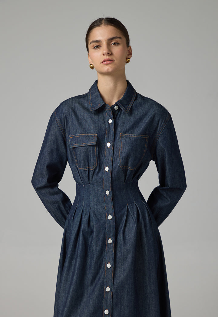 Choice Long Sleeve Solid Denim Dress Indigo