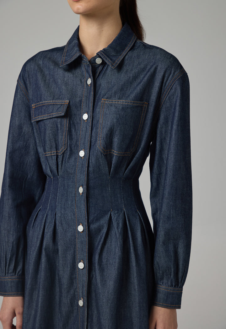 Choice Long Sleeve Solid Denim Dress Indigo