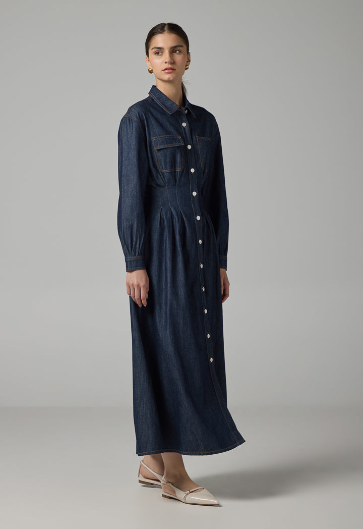 Choice Long Sleeve Solid Denim Dress Indigo