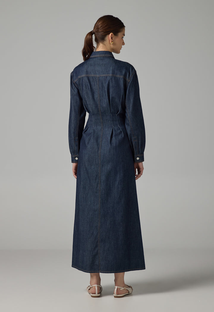 Choice Long Sleeve Solid Denim Dress Indigo