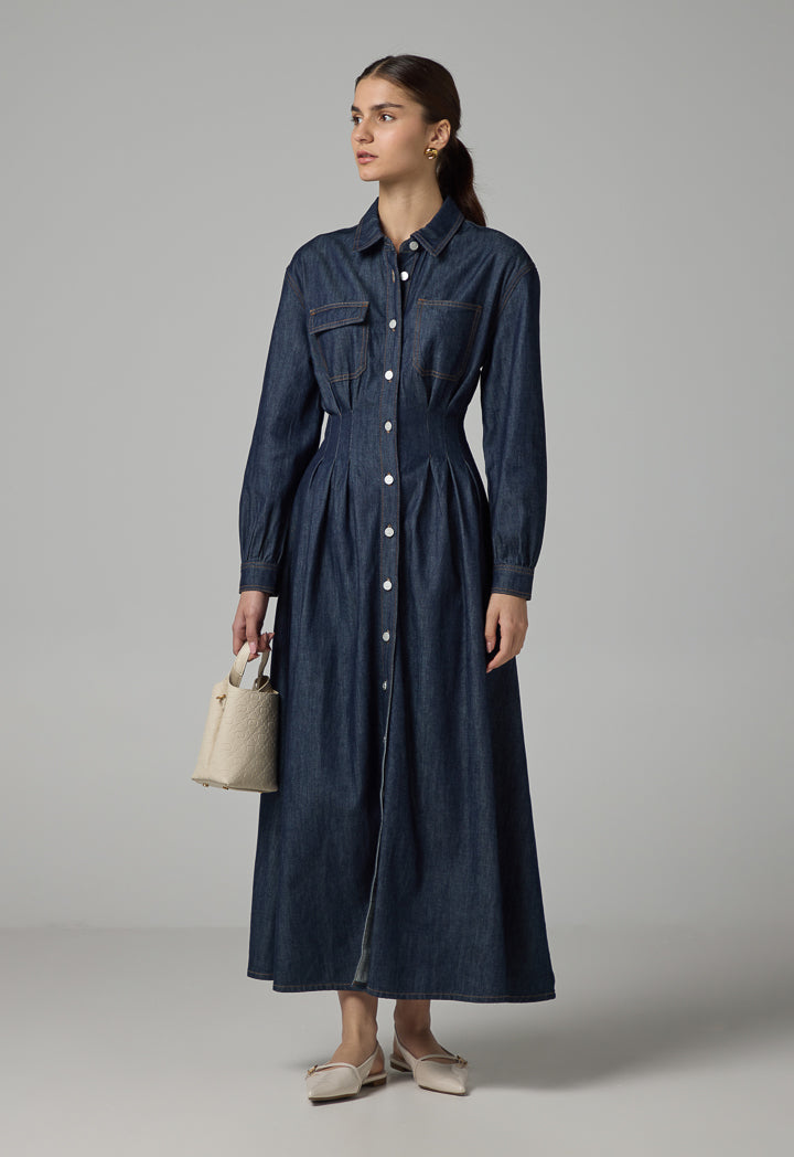 Choice Long Sleeve Solid Denim Dress Indigo